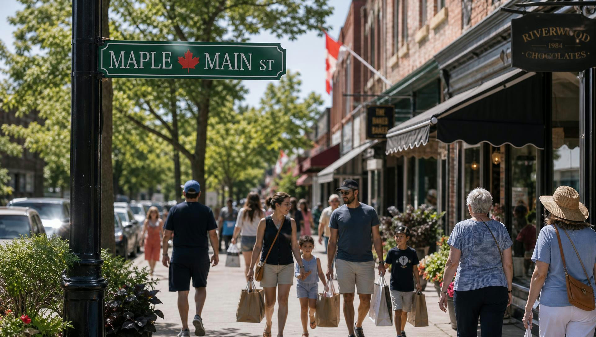 A Canadian main street at golden hour, with independent shopfronts and people shopping